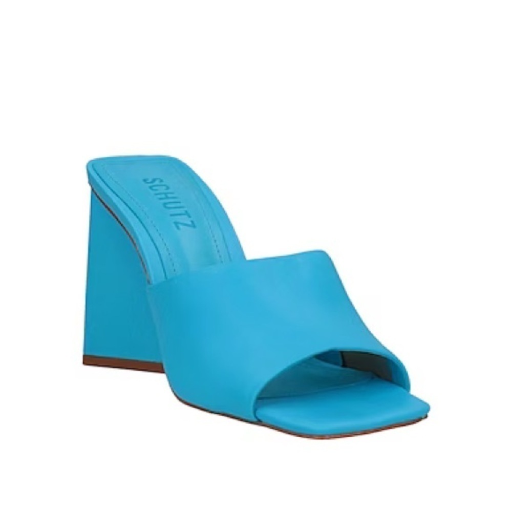 NEW Schutz Azure Blue Sandals Leather Walkable Heels Colorful Comfy Mules
